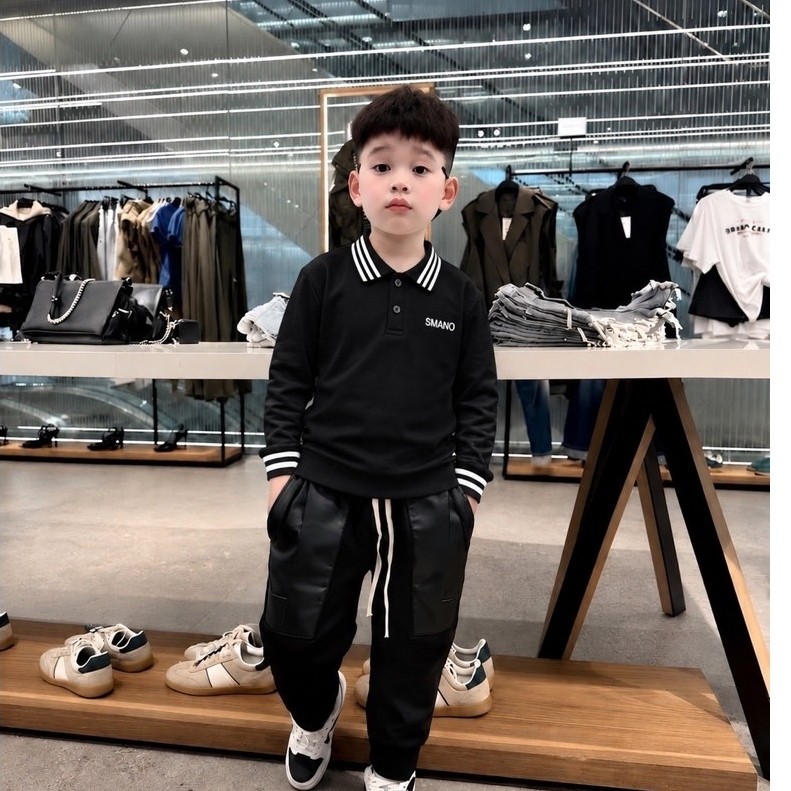 Áo polo dài tay bé trai cổ bẻ vải cotton gai thân trơn ngực thêu logo tay phối kẻ phong cách boy phố 2214