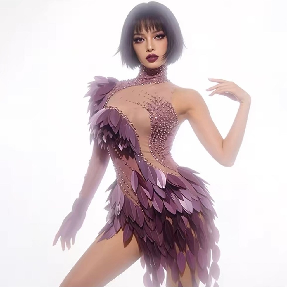 Đầm Biểu Diễn Lông Vũ Tím Đính Đá Cao Cấp | Váy Dance Showgirl Sân Khấu Quyến Rũ