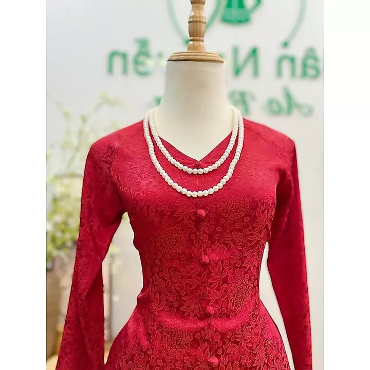 Hân Nguyễn Áo Bà Ba - B.A213 - Áo Bà Ba Gấm Song Hỷ Cổ Tim Dây kéo Nút Bọc Nụ ( QUẦN LỤA )