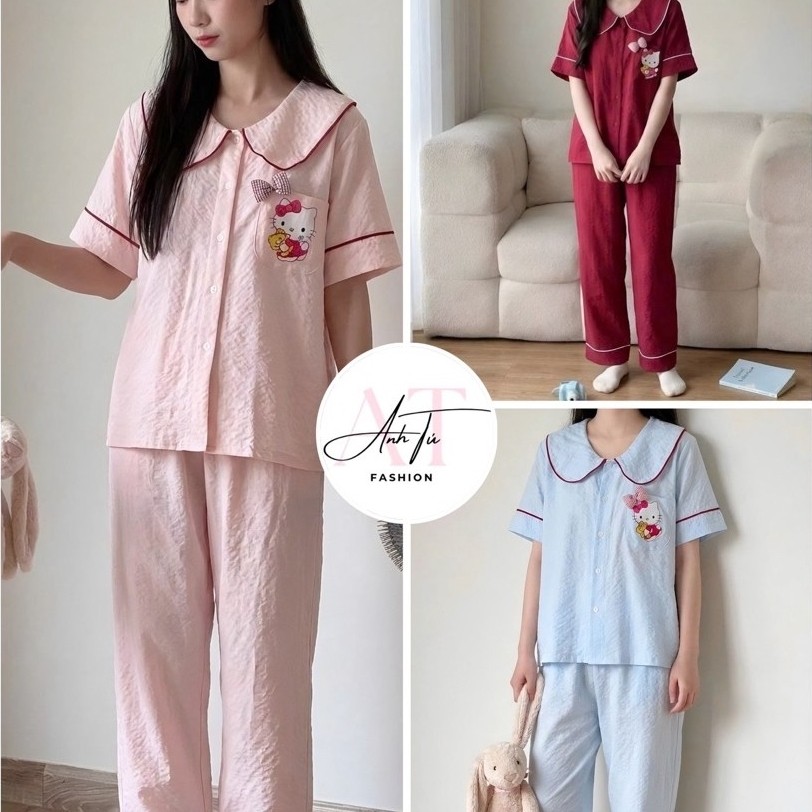 Bộ Pyjama Áo Cộc Quần Dài Cổ Sen Phối Viền  Hoạ Tiết Mèo Nơ Chất Vải Đũi Mềm Mát
