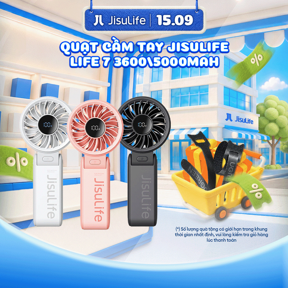 Quạt cầm tay tích điện mini Jisulife Life 7 5 cấp độ gió 3600/5000mAh - Sử dụng lên đến 12h - Chính hãng - BH 12 tháng
