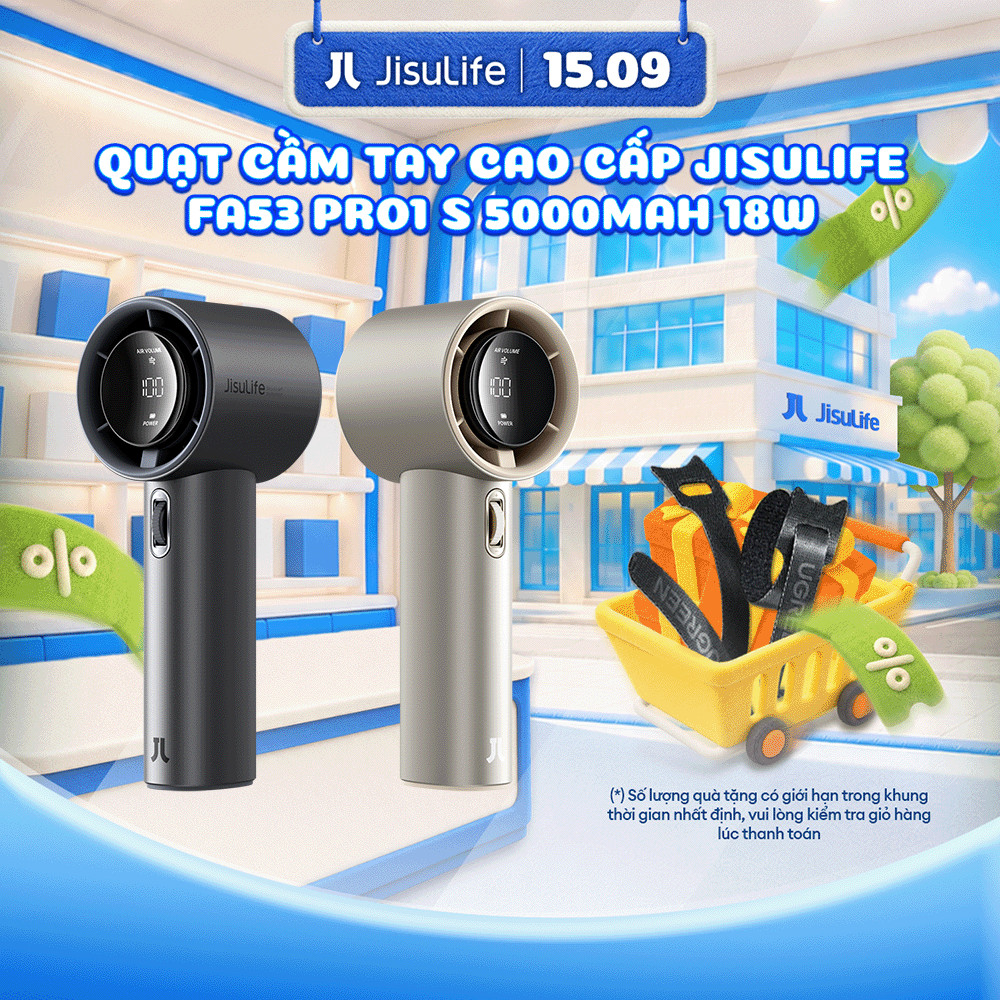 Quạt Cầm Tay Cao Cấp JISULIFE FA53 Pro1 ABS và Pro1 S - Con Lăn Tốc Độ - Đèn LED Hiển Thị - Sử Dụng Đến 15H BH 12 Tháng