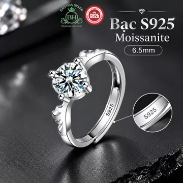 (ảnh thật) Freesize Nhẫn bạc ý Moissanite 6.5ly nhẫn cưới nhẫn cầu hôn đính Moissanite bạc S925 nhẫn bạc nữ bạc ý XJZ091