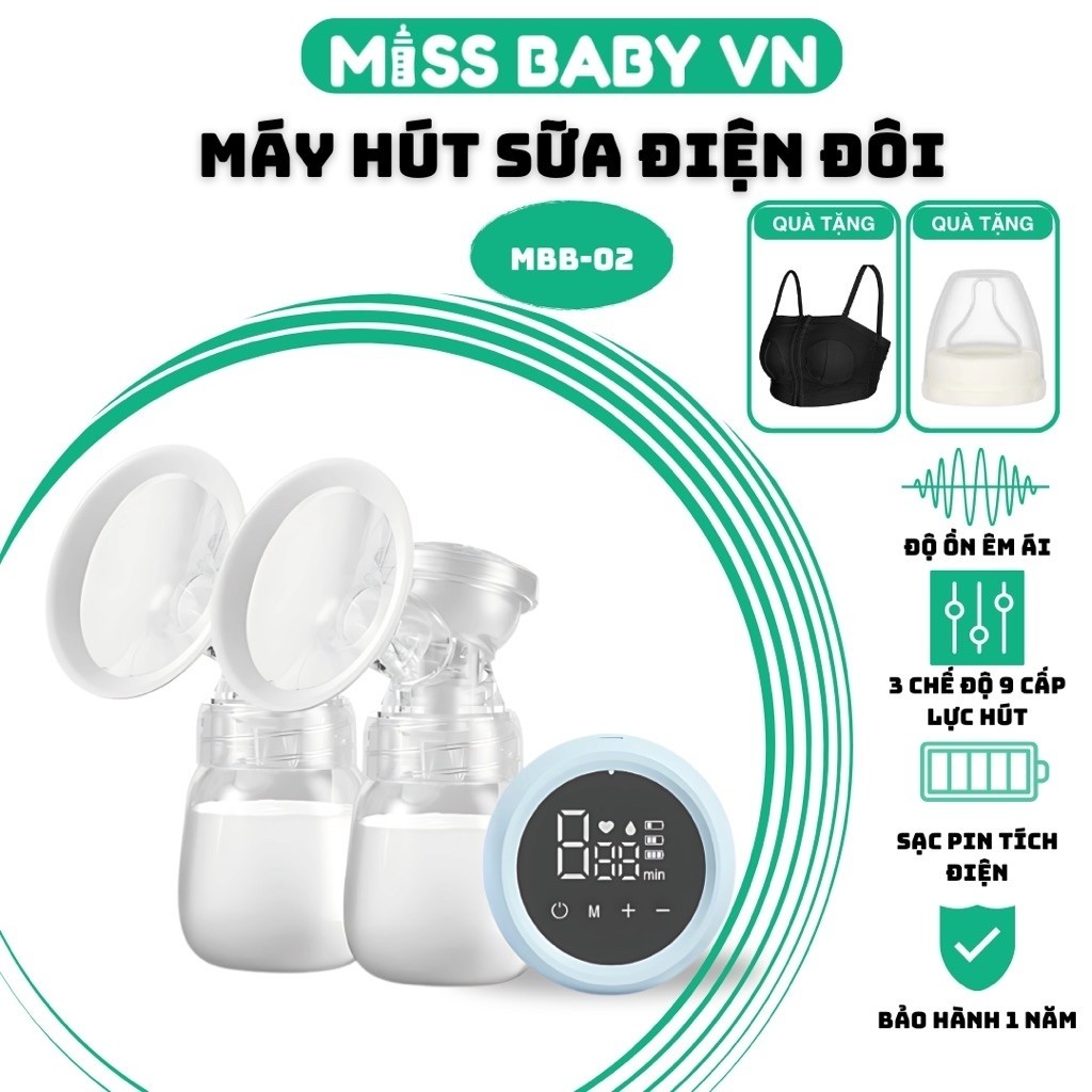 (TẶNG ÁO HÚT SỮA RẢNH TAY)Máy hút sữa điện đôi MISS BABY 3 chế độ 9 cấp lực hút