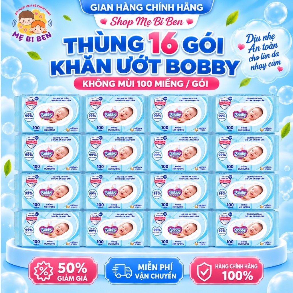 Thùng 16 Gói Khăn Ướt Em Bé Bobby 100 Tờ Không Mùi/Có Mùi Chính Hãng Nano Bạc Kháng Khuẩn Dịu Nhẹ Da Bé