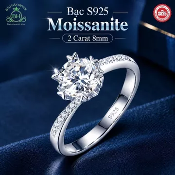 Moissanite 8ly 2 carat Nhẫn bạc nữ Moissanite nhẫn kim cương Moissanite bạc 925 nhẫn cầu hôn bạc nhẫn cưới bạc BH0038S
