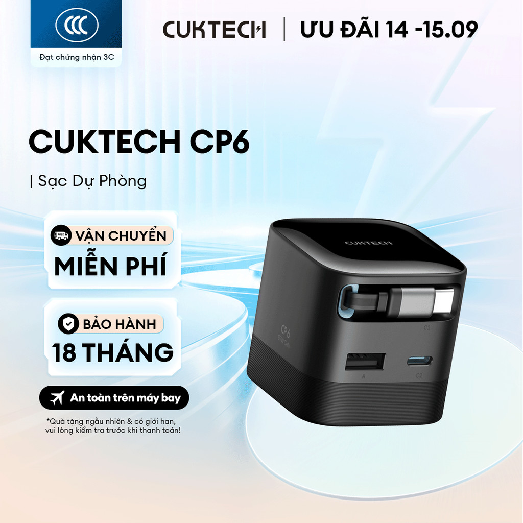 Củ Sạc GaN CUKTECH CP6 Kèm Cáp C Rút Gọn | Công Suất 67W | Cổng Sạc 2C1A | Bảo hành 18 Tháng AD653W