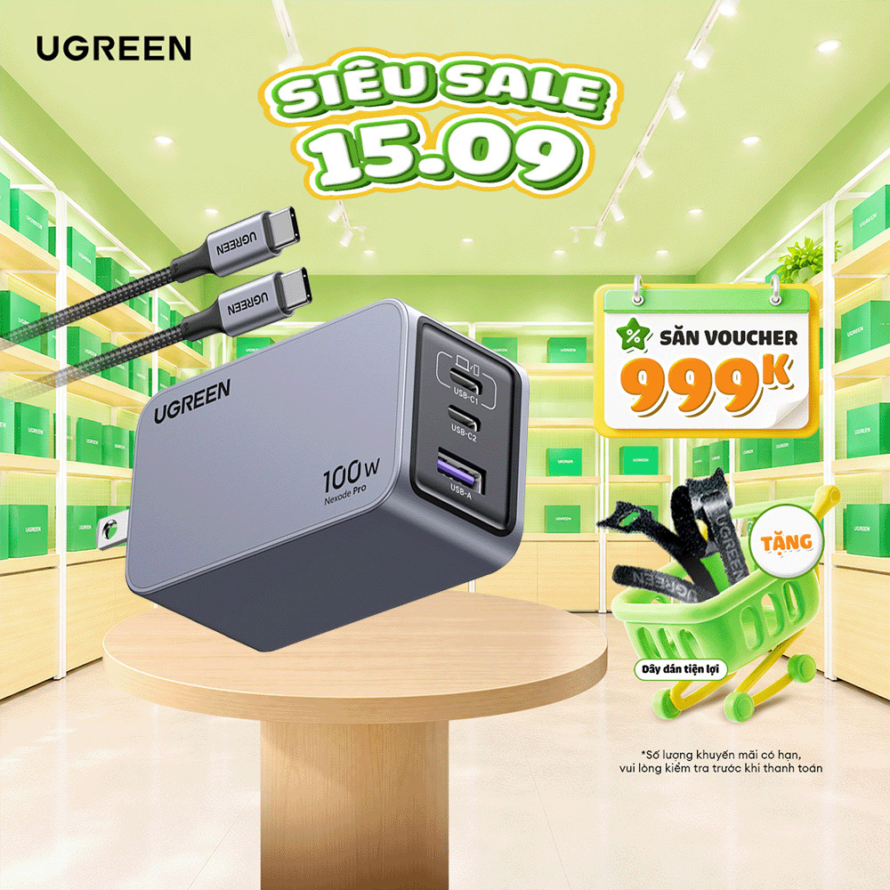 Bộ sạc nhanh UGREEN 100W Nexode GaN Pro X757 | 3 cổng sạc USB C/USB A | Kèm cáp sạc nhanh Type-C 100W 1.5m | BH 18 tháng