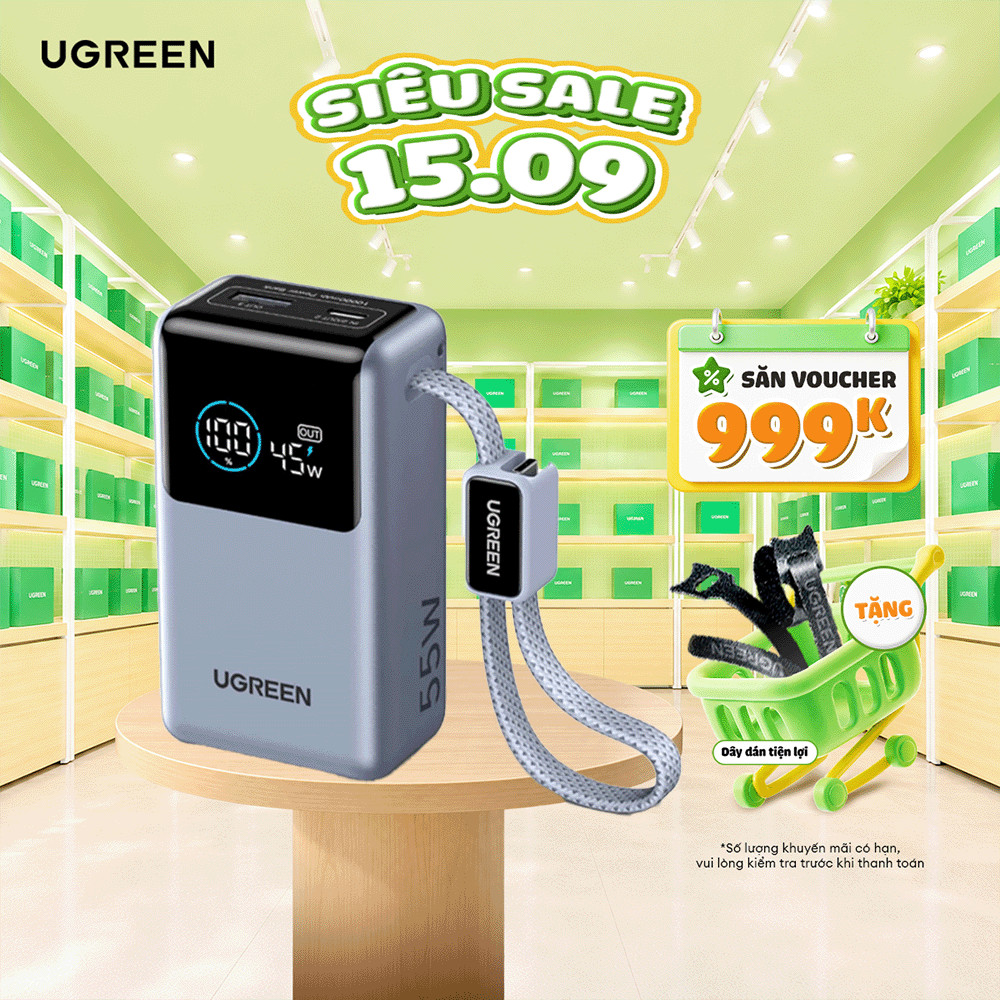 Sạc di động UGREEN PB727 55W | Có màn hình & cáp USB-C | 10000mAh | Bảo hành 18 tháng 1 đổi 1 | 75701B