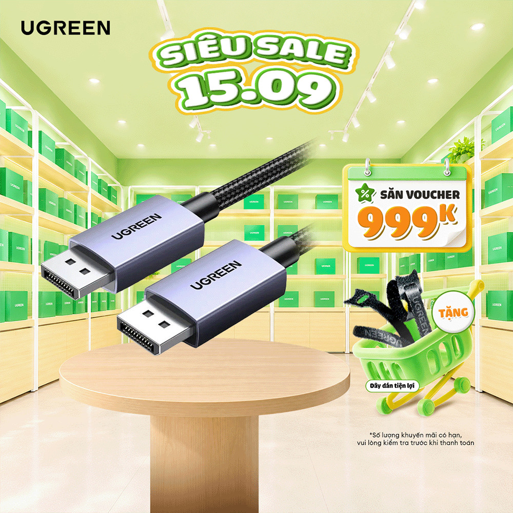 Cáp Displayport to Displayport 2.1 bện dù Ugreen |16K@60Hz | Băng thông 80Gbps | Bảo Hành 18 Tháng 1 đổi 1 | 15383 15384
