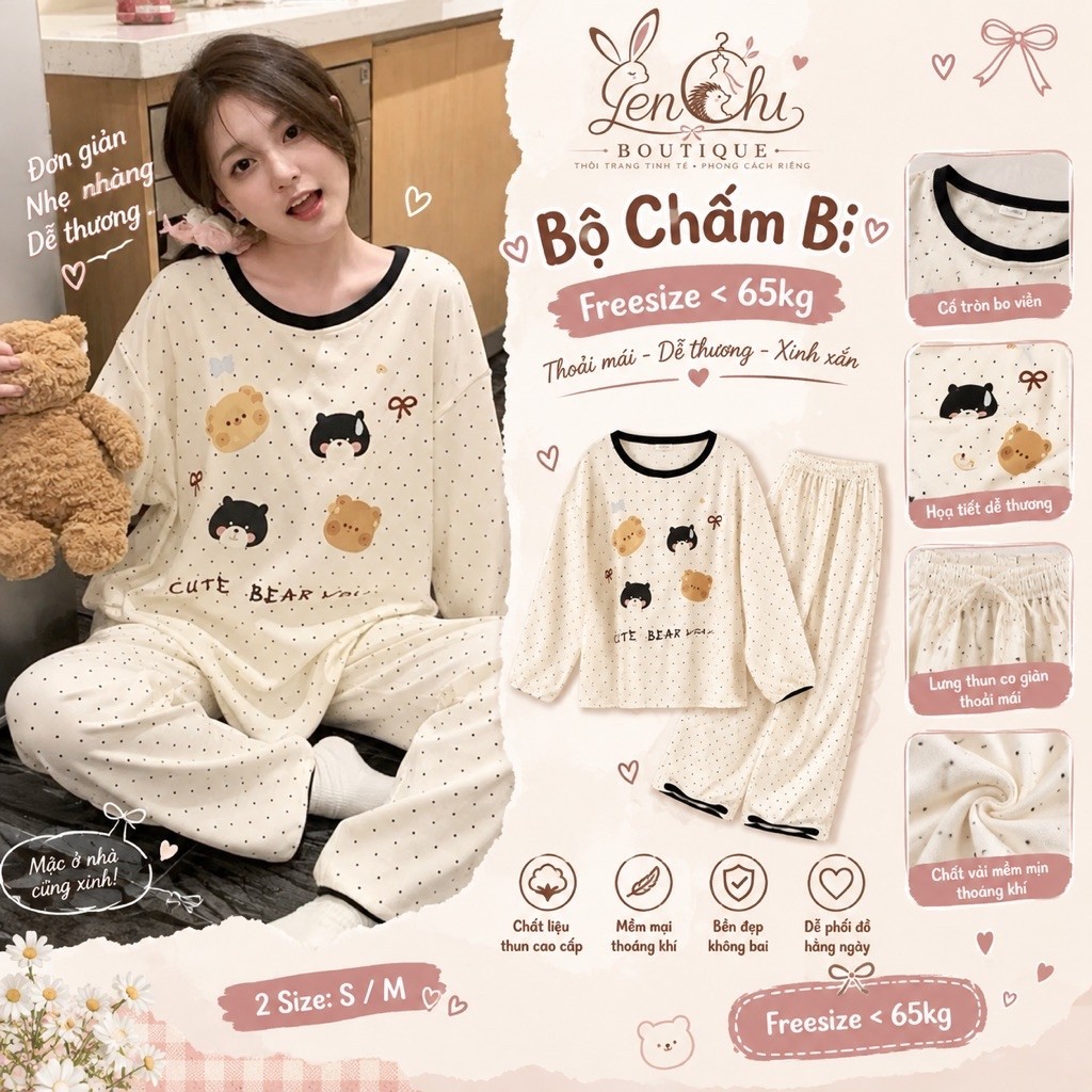 Set Bộ Nỉ Gấu Bear Wow Chấm Bi Nữ. Bộ Đồ Dài Tay Form Rộng Dễ Thương