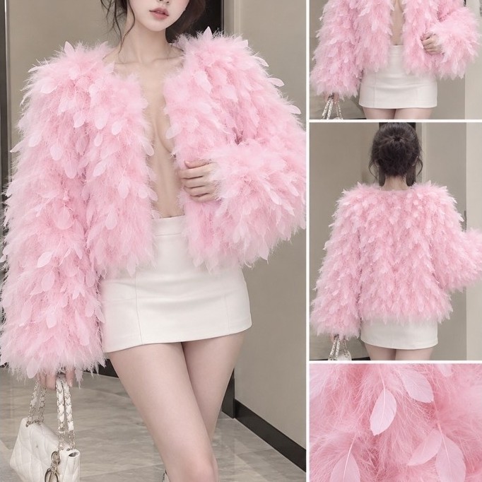 Áo Khoác Lông Vũ Hồng Pastel Nữ Dáng Lửng Phối Lông Mềm Thời Trang Sang Trọng Cá Tính