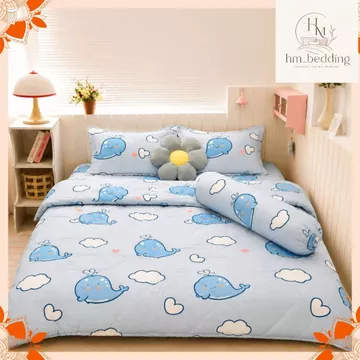 Bộ Chăn Ga Gối 5 Món Cotton Poly, Chăn Phao Trần Bông Dày Ấm, Kèm Vỏ Gối Ôm, 1 Chăn 1 Ga 2 Vỏ Gối Nằm 1 Vỏ Gối Ôm