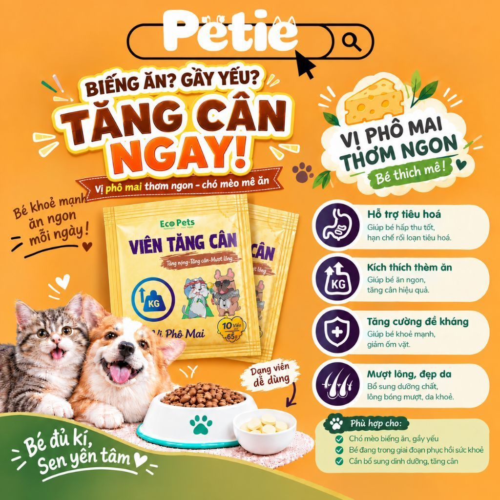 [Mua 5 Giảm 25%]Gói 10 Viên Phomai Tăng Cân, Viên Tảo biển Dưỡng Lông Ecopets - Chó Mèo Mượt Lông//