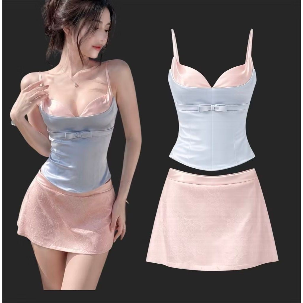 Set Áo Corset Hai Dây Phối Nơ + Chân Váy Ren Y2K Cao Cấp