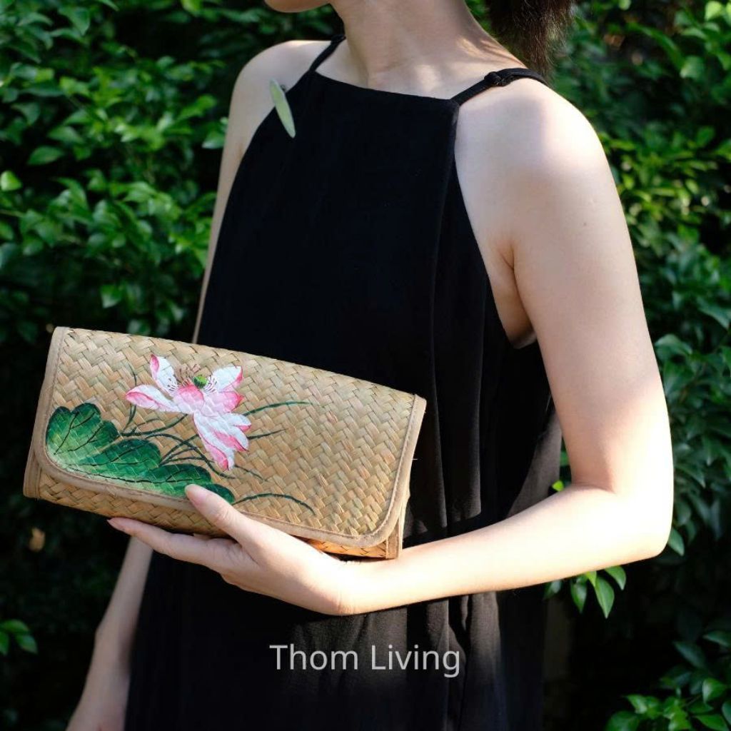 Clutch Ví cỏ bàng cầm tay vẽ hoa dự tiệc mặc áo dài (có kèm quai đeo tay)