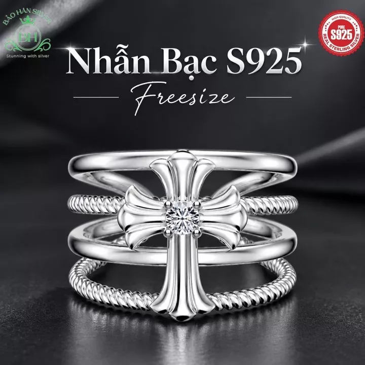 Freesize Nhẫn bạc ý bạc 925 Nhẫn bạc nữ nhẫn bạc 925 nữ nhẫn bạc Ý cao cấp đính đá Cubic Zirconia 5ABảoHânSilver BH0195S