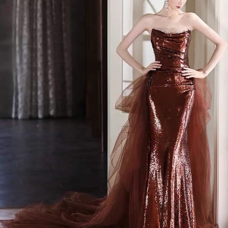 Đầm Dạ Hội Đuôi Cá Sequin Nâu Đỏ Trễ Vai, Phối Voan Dài Sang Trọng Dự Tiệc Sự Kiện