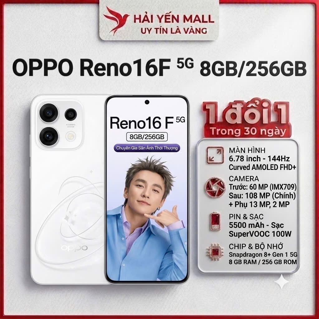 [ Sẵn Hàng OanhKieuMall] Điện Thoại OPPO Reno 16F 5G - 8/256GB - Camera 50MP - Sạc Nhanh 80W - Tần số quét 120Hz