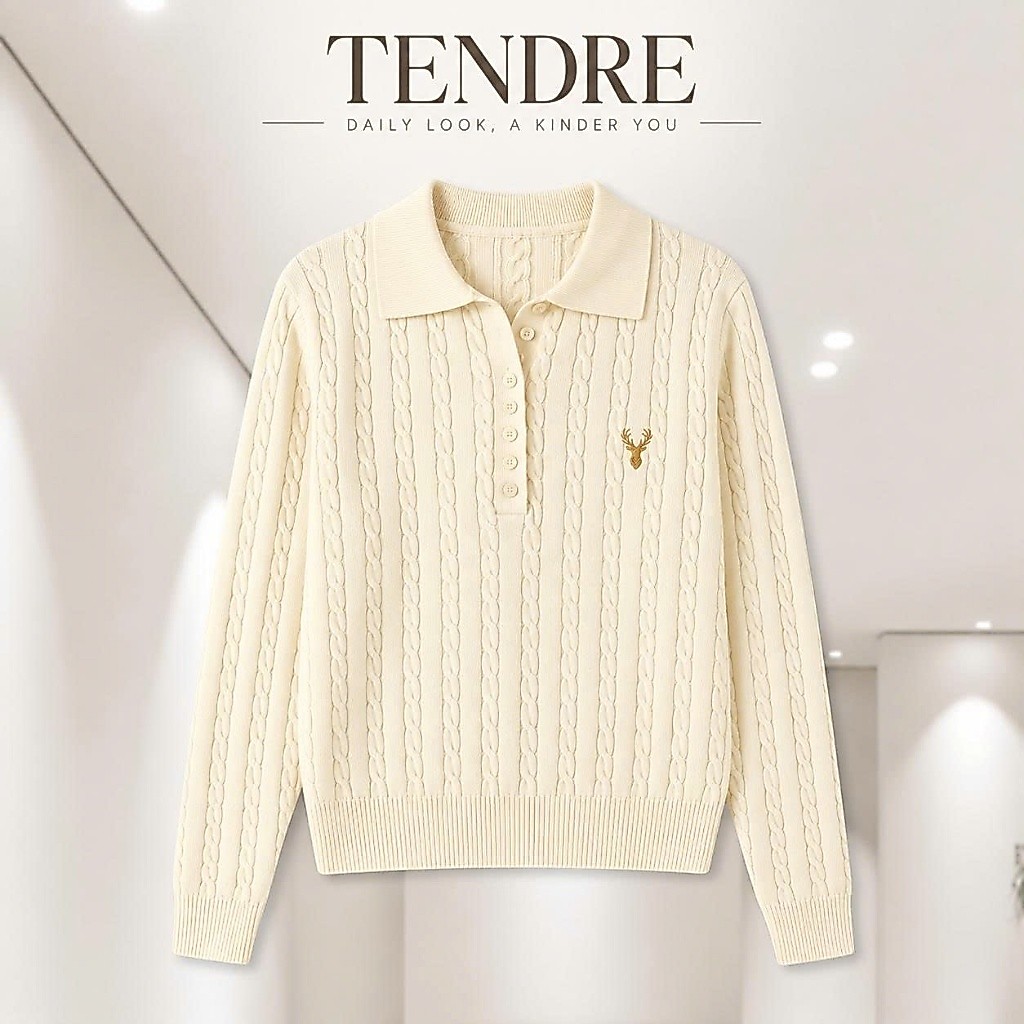 TENDRE - Áo Len Nữ Dài Tay Cổ Polo Vặn Thừng Thêu Logo, Áo Len Dệt Kim Cổ Bẻ Cài Cúc Style Hàn Quốc Dễ Phối Đồ B59