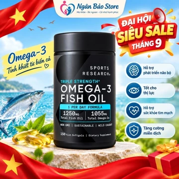 Date 2029, Lọ 150 Viên, Dầu Cá Omega-3 Sports Research Triple Strength 1250mg 1055mg Omega-3 EPA 690mg DHA 310mg