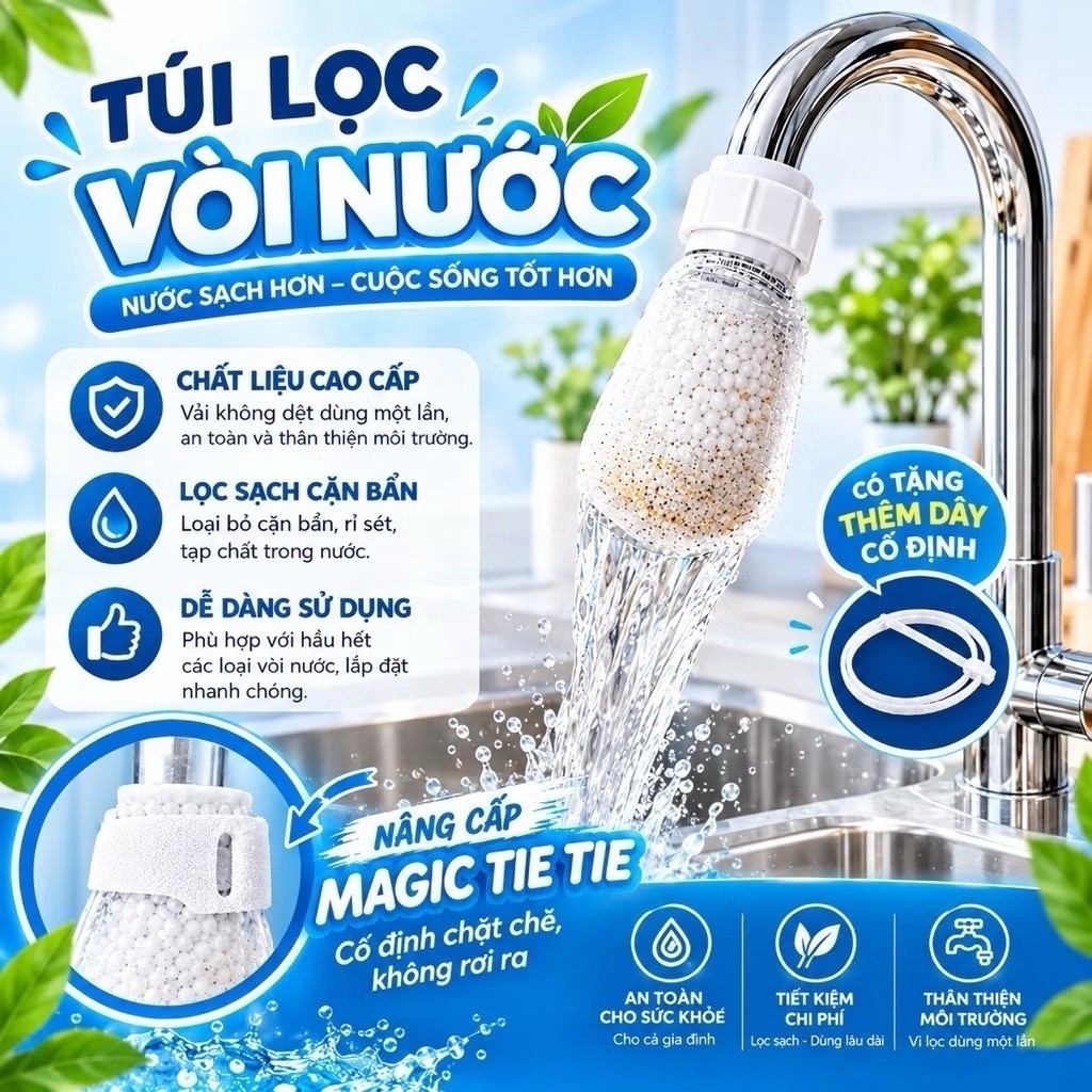 Combo 100 Túi lọc vòi nước đa năng Giữ cặn bẩn Tạp chất Cải thiện chất lượng nước sinh hoạt Cho vòi bếp phòng tắm