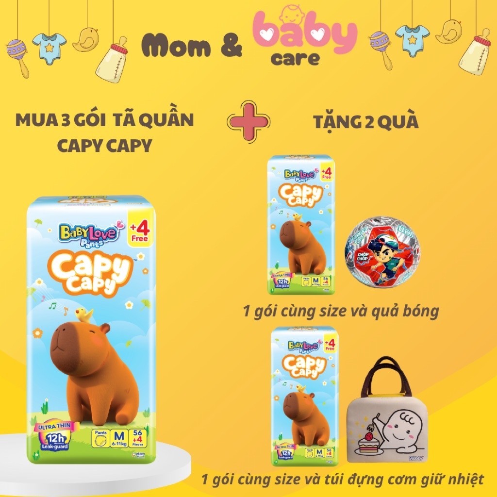 [Combo 3 tặng 1] Tã Quần Babylove Capy Capy size M54+4/ L48/ XL44/ XXL44/ 3XL34/ 4XL30/ 5XL26 miếng