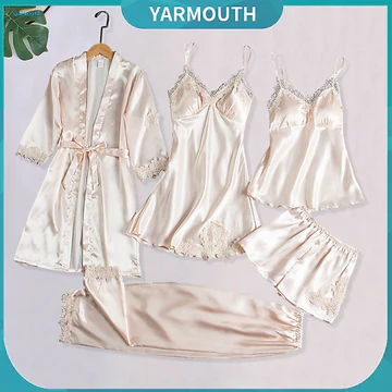 YYR _ Bộ đồ ngủ 5 món dành cho nữ Bộ đồ ngủ nhẹ Bộ 5 bộ đồ ngủ nữ Bộ đồ ngủ Satin Váy ngủ Quần short hàng đầu Quần ren chắp vá Thắt lưng thoải mái