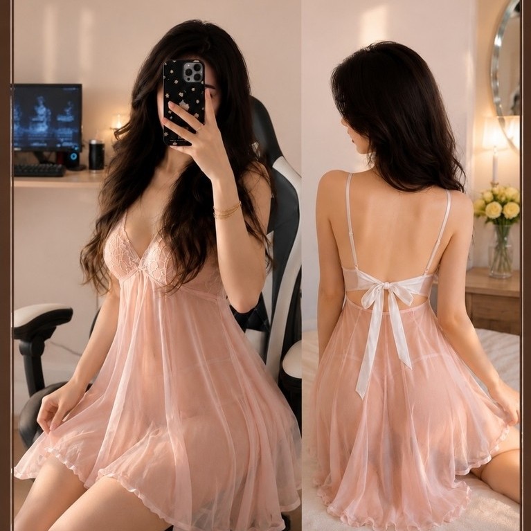 Váy Ngủ Ren - Đầm Ngủ 2 Dây Chất ren Dáng Xòe Cột Dây Lưng Mặc Nhà Kèm Quần Chip HanaLady - VN448