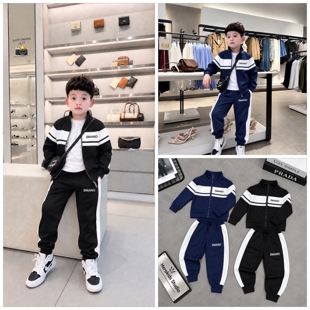 sét bộ thu đông bé trai kéo khoá  phối kẻ thêu logo basic phong cách boy phố 4007