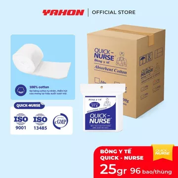 Thùng 96 Bao Bông Cuộn Y Tế QUICK-NURSE 25g | Bông Gòn Tự Nhiên, Sơ Cứu Vết Thương Tiêu Chuẩn CGMP