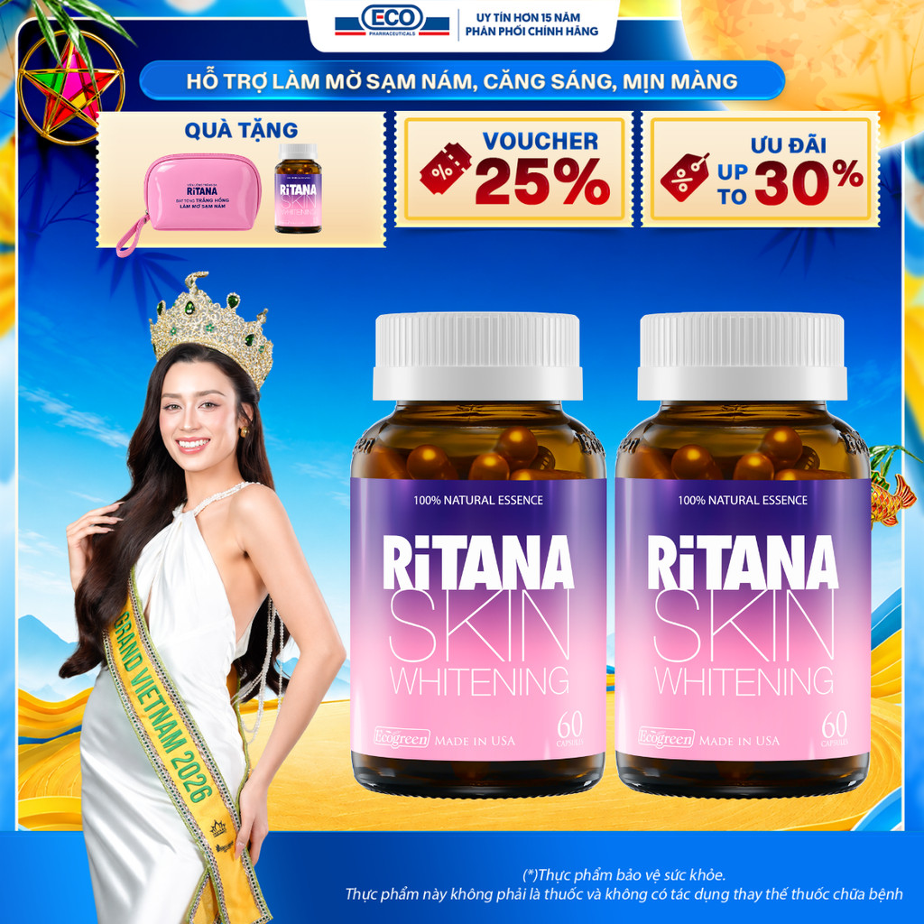 [Tặng Hộp 15v] Combo 2 Chai 60v – Viên Uống Trắng Da Ritana Ecogreen Glutathione, Mờ Nám, Chống Nắng