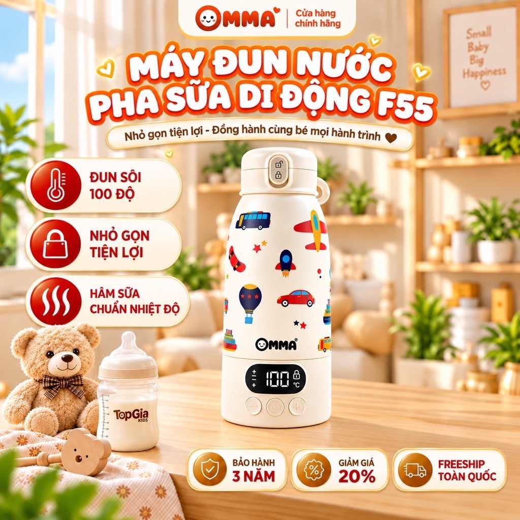 [Đun sôi 100 độ] Bình Đun Pha Sữa Di Động Omma F55– Đun Hâm Pha Sữa , Điều Chỉnh Nhiệt Độ 35-100 độ