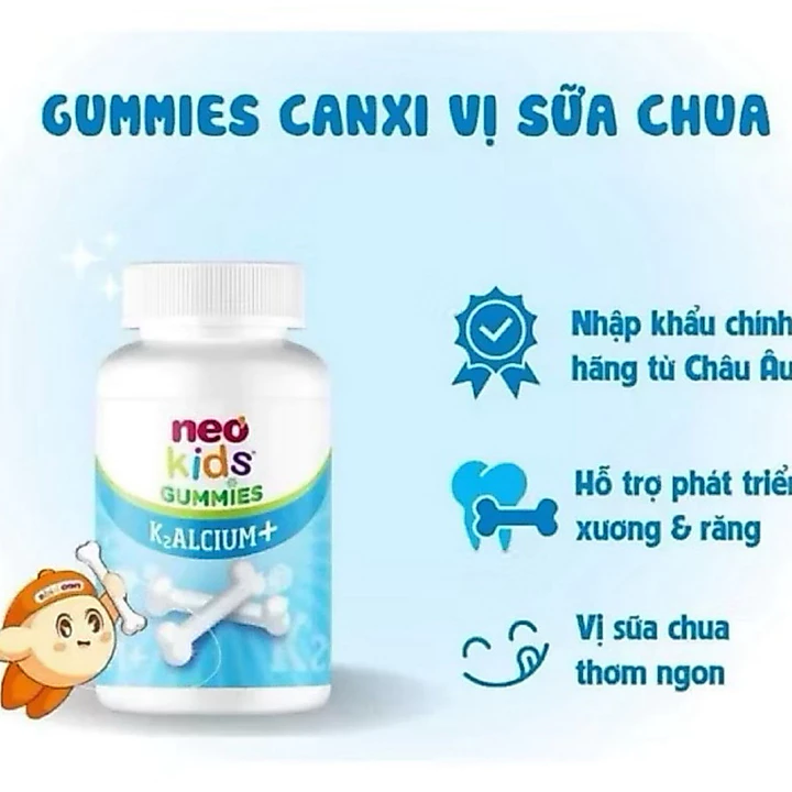 NeoKids Gummies canxi ( hộp 60 viên) Kẹo canxi cho bé vị sữa chua bổ sung Canxi, D3, Vitamin K2 MK7 cho trẻ