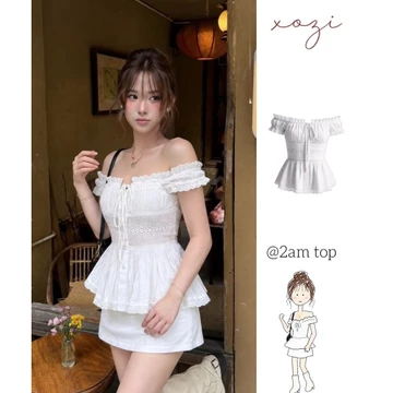[SOZI]Áo Trễ Vai Peplum Nữ Tay Ngắn Phối Ren Thắt Nơ Eo