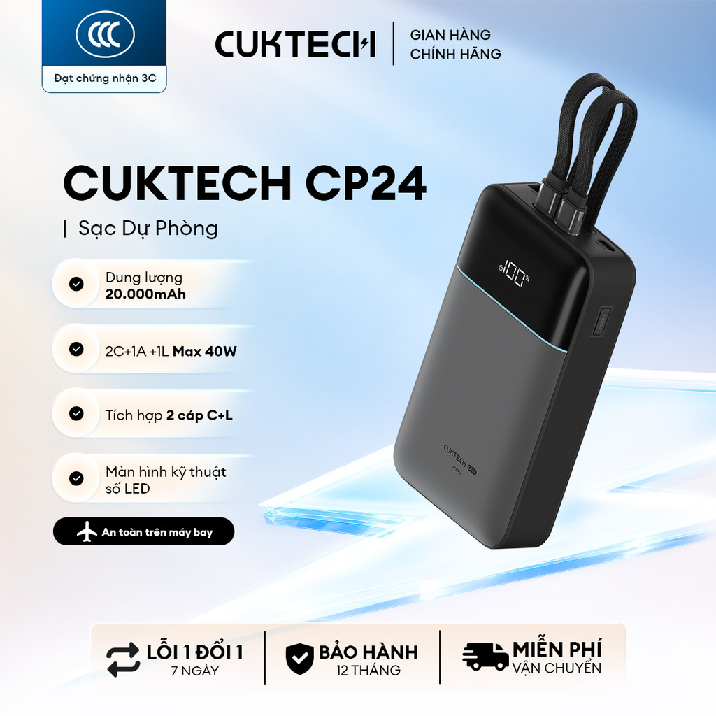 CUKTECH CP24 Sạc Di Động Kèm Cáp | Dung lượng 20.000mAh | Công Suất Max 40W | Bảo Hành 18 Tháng LPB200NL/LPB200N