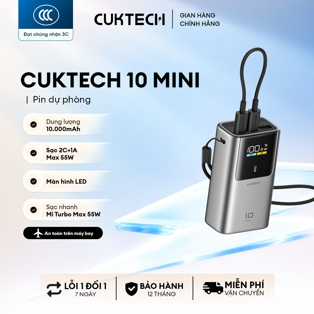 CUKTECH 10 MINI Sạc Di Động 2C1A | Sạc Nhanh 55W Max | Dung Lượng 10.000mAh | Bảo Hành 18 Tháng PB1055