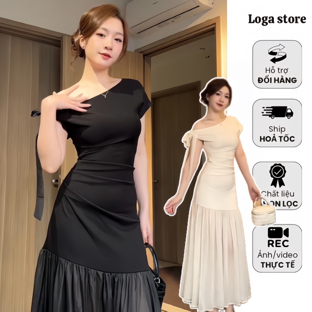 Đầm body lệch vai phối tơ màu đen dáng dài ôm xòe, váy dự tiệc đi cưới sang trọng LOGA STORE L198