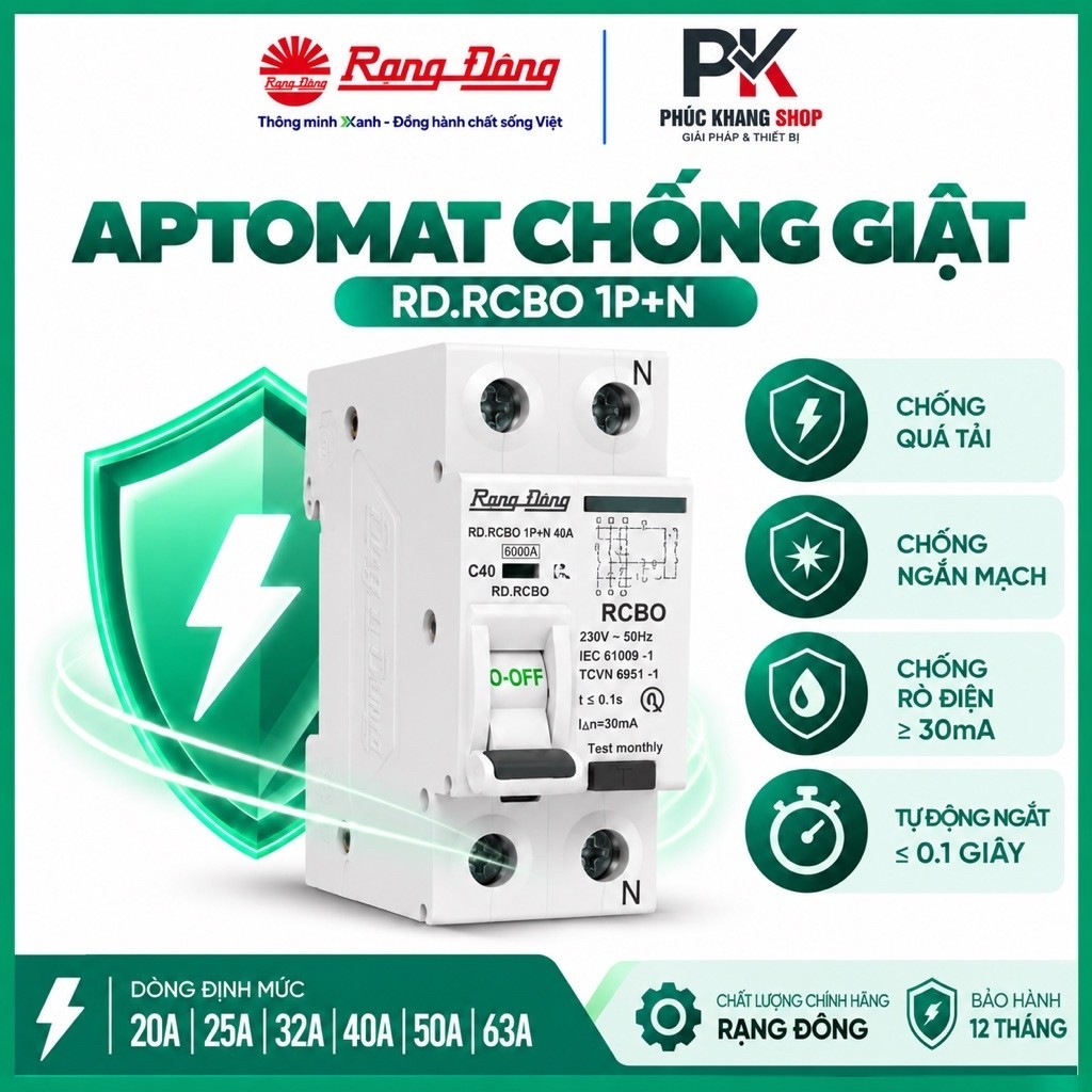 Aptomat Chống Giật Rạng Đông RD.RCBO 1P+N (20A, 25A, 32A, 40A, 50A, 63A) - CB Chống Dòng Rò Gia Đình