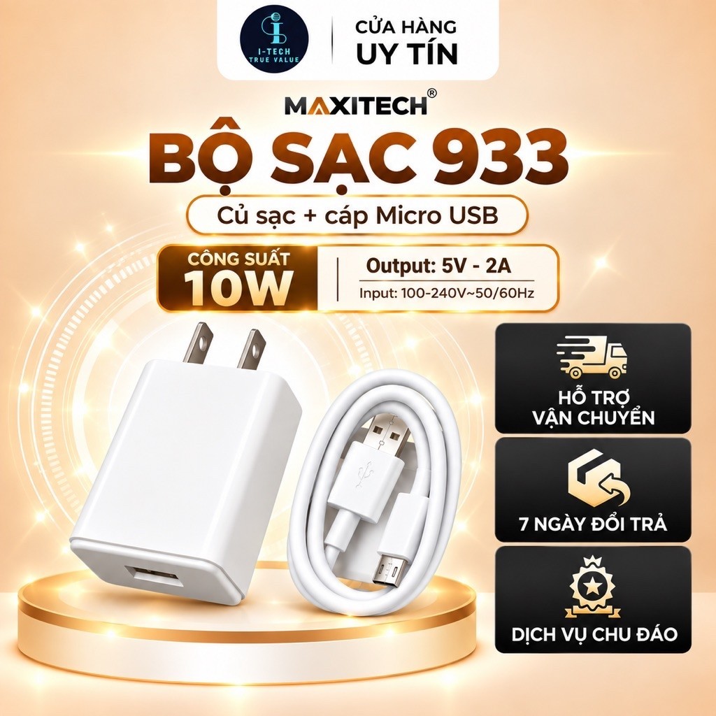 Bộ Sạc MAXITECH 933 10W 5V-2A Kèm Cáp Micro USB – Tương Thích Điện Thoại  Android