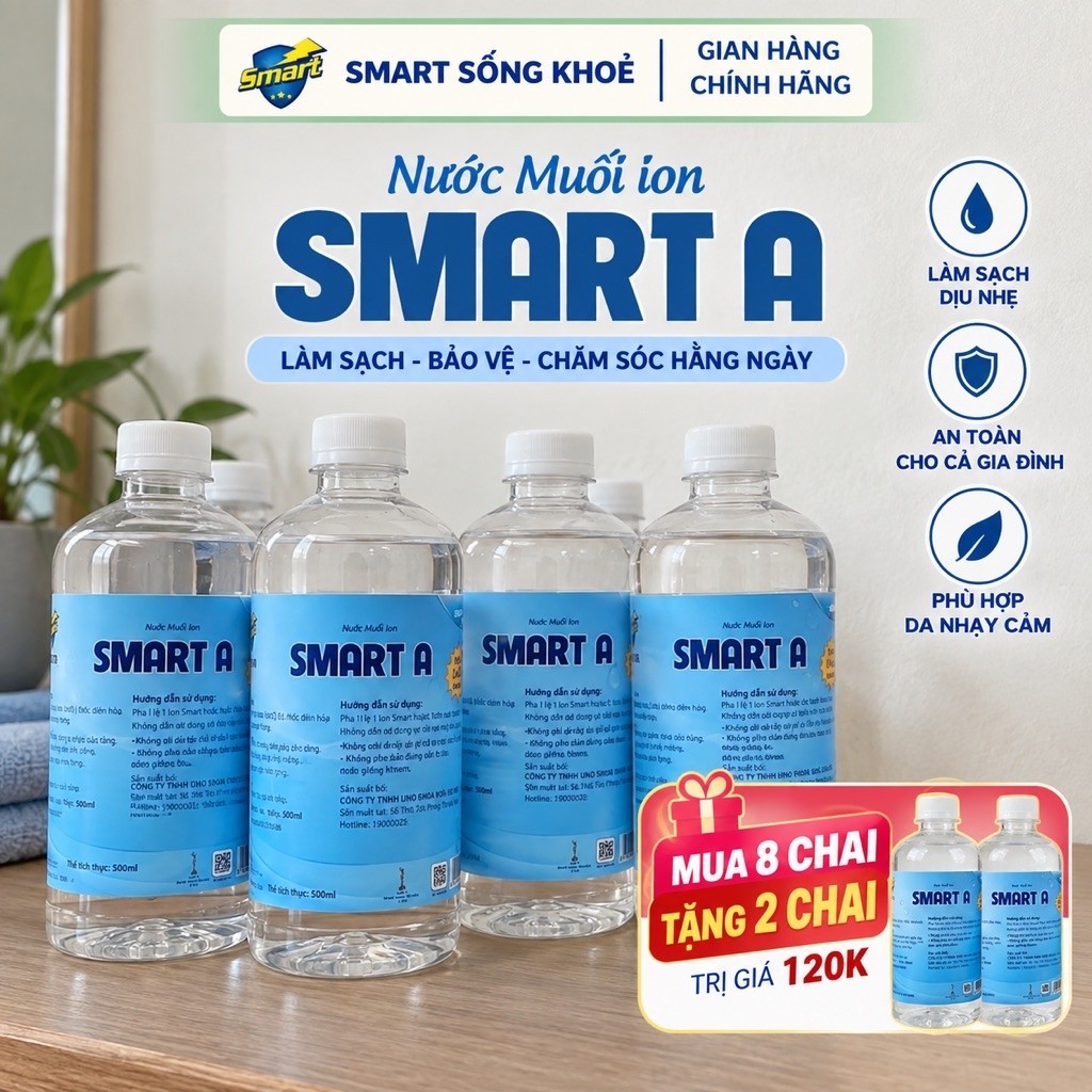 HỘP 8 chai NƯỚC SMART A (MẪU MỚI NHẤT) - Nước muối điện phân SMART A