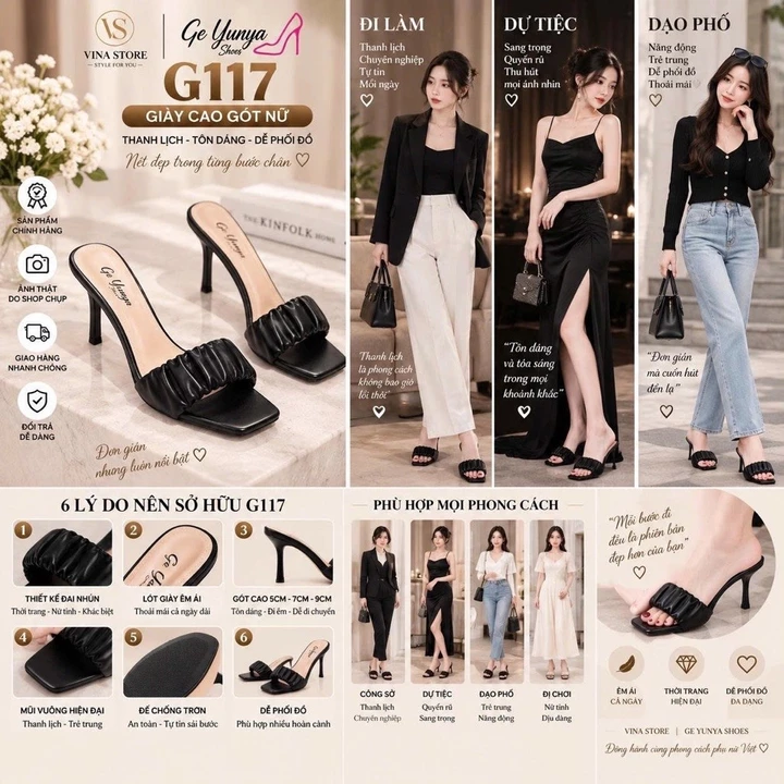 Guốc Cao Gót Nữ Mũi Vuông 5-7-9cm Quai Nhún, Dép Guốc Nữ Đi Làm Đi Chơi VINA STORE- G117