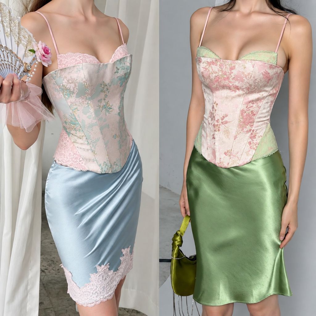 Set Áo Hai Dây Corset + Chân Váy Lụa Cao Cấp
