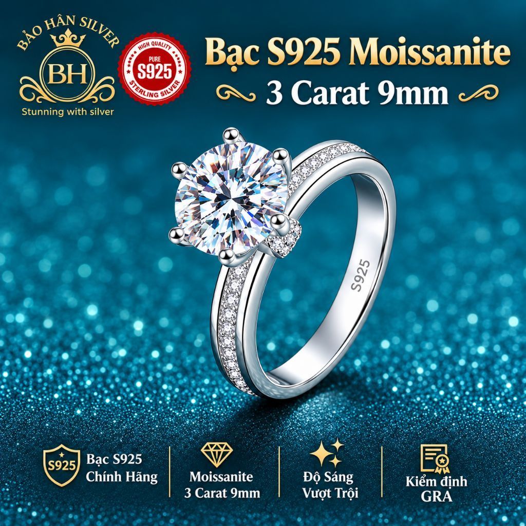 (Ảnh thật) Moissanite 9ly Nhẫn cầu hôn nhẫn cưới bạc S925 Moissanite 3Carat Nhẫn bạc S925 nữ Bảo Hân Silver BH0099S