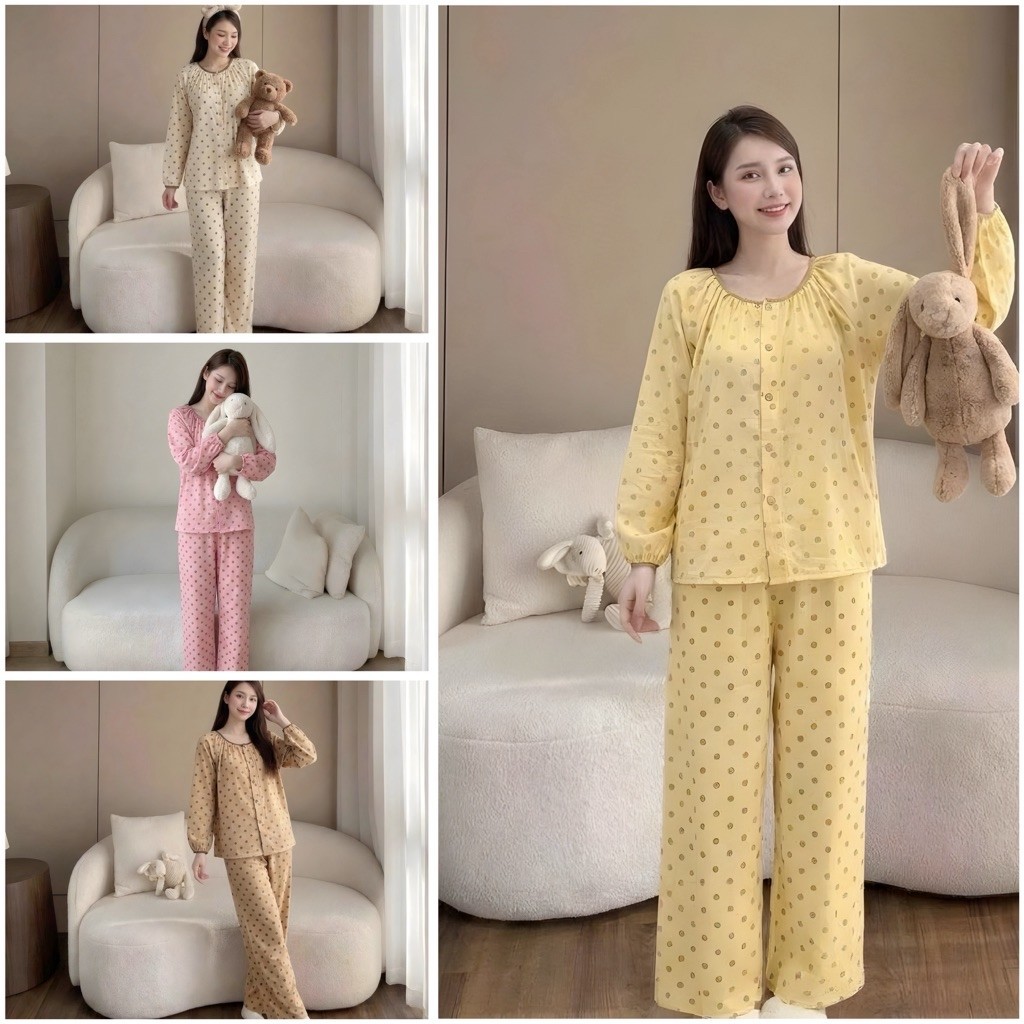 Bộ Pyjama Dài Tay Cổ Tròn Hoạ Tiết Chấm Bi Chất Liệu Vải Đũi Mềm Mát