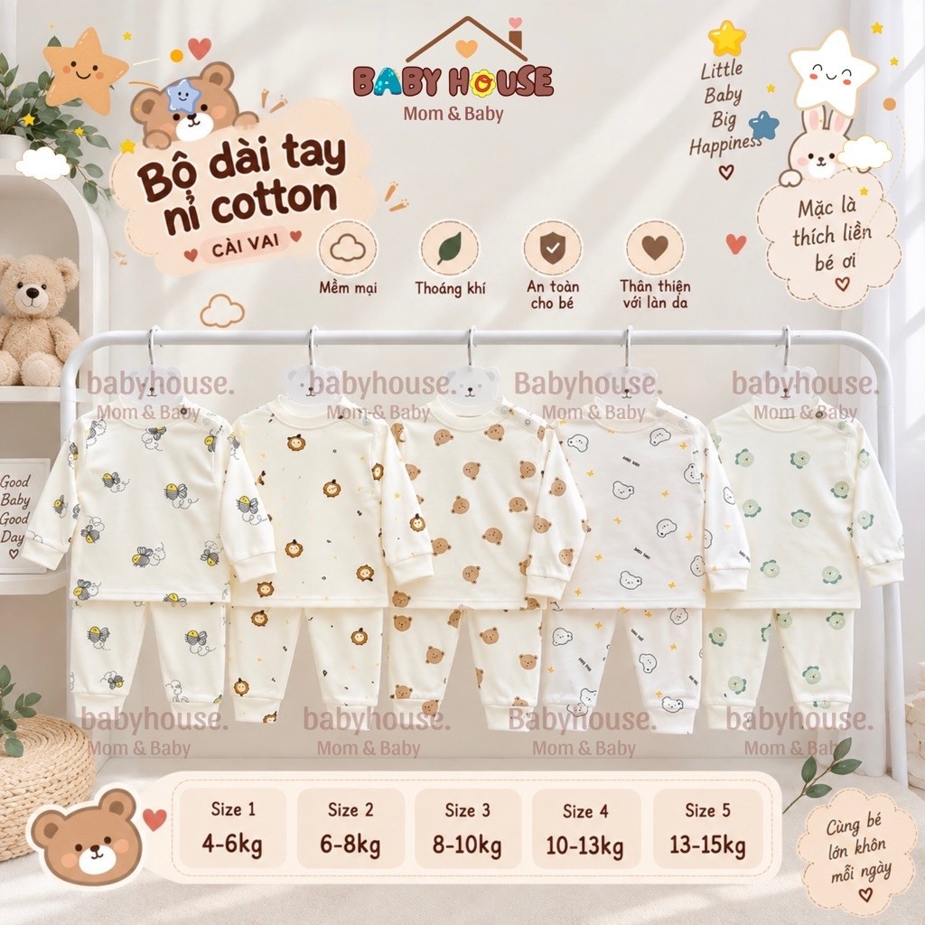 [Bộ Nỉ Cài Vai]- Set 3/5 bộ nỉ cotton thu đông cài vai cho bé 0-1 tuổi