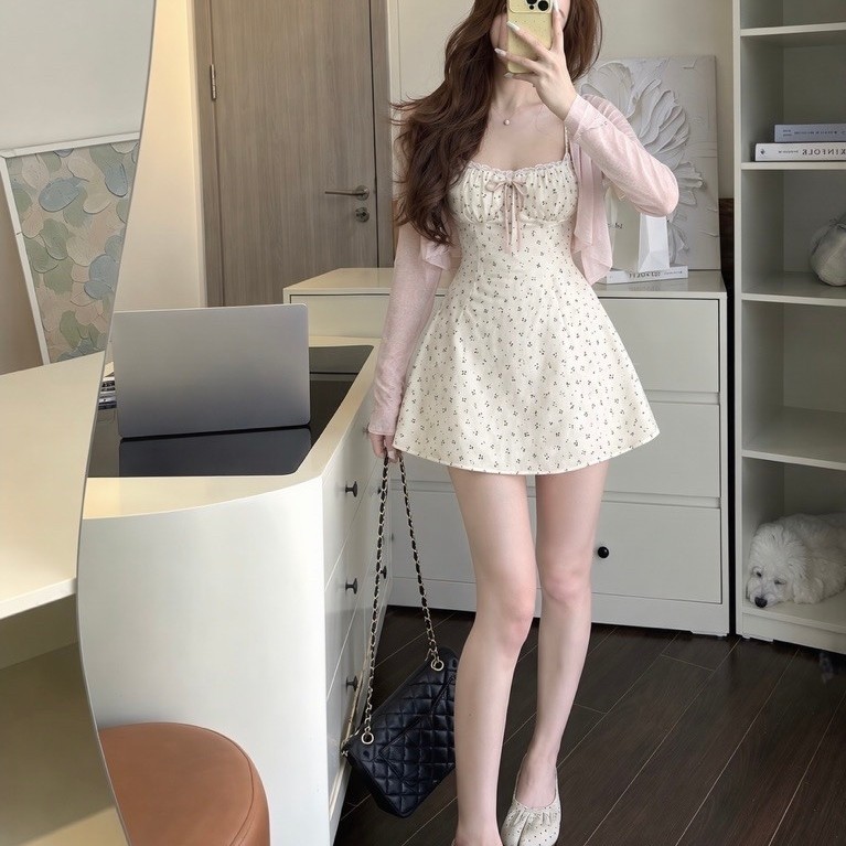 Sét Váy 2 Dây Hoa Nhí Kèm Áo Khoác Cardigan Giấy Mặc Ngoài Almira Store | BigBuy360 - bigbuy360.vn