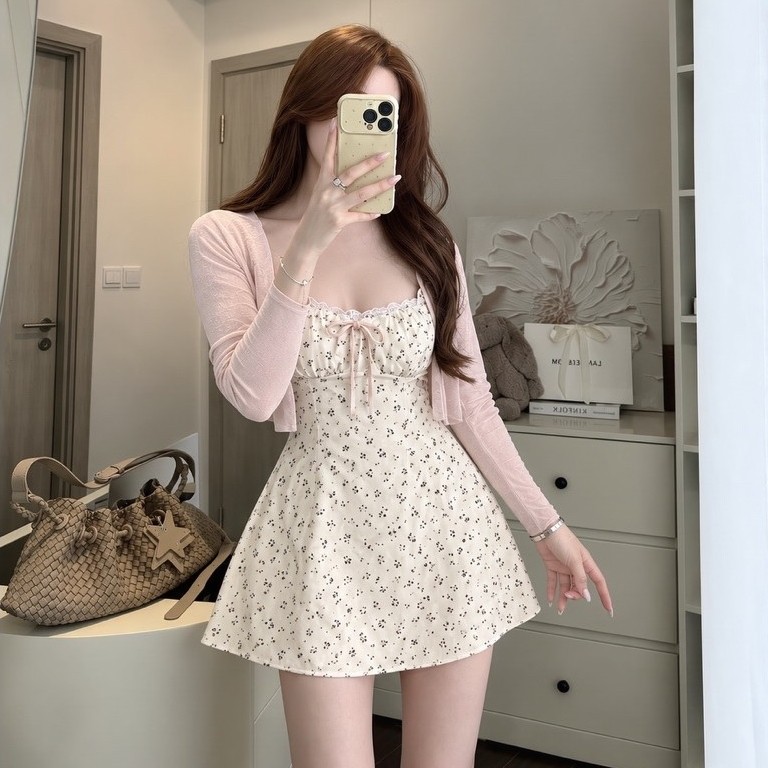 Sét Váy 2 Dây Hoa Nhí Kèm Áo Khoác Cardigan Giấy Mặc Ngoài Almira Store | BigBuy360 - bigbuy360.vn