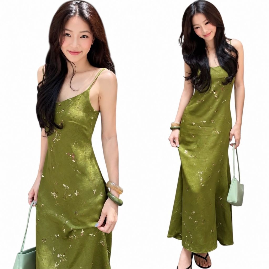 780 - Đầm Hai Dây Lụa OLIVE SILK DRESS Vân Nổi Cao Cấp