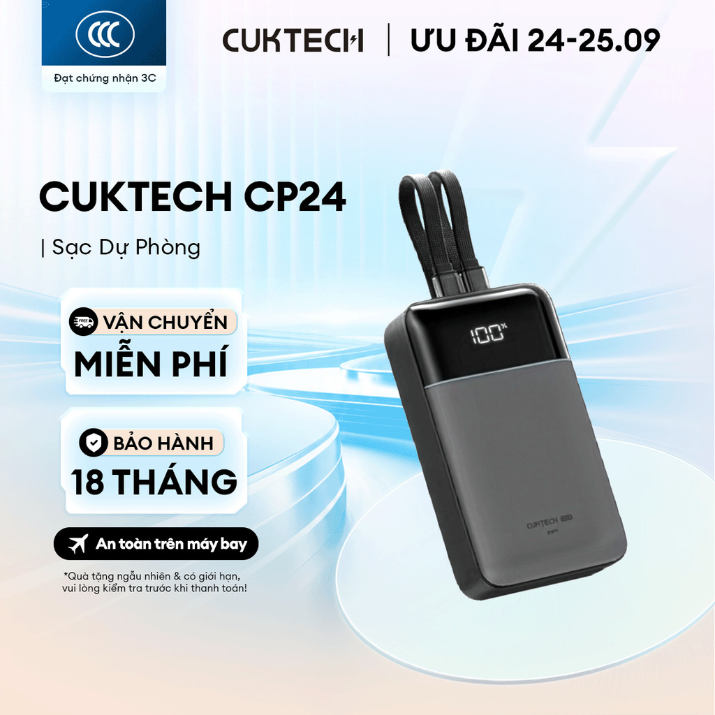CUKTECH CP24 Sạc Di Động Kèm Cáp | Dung lượng 20.000mAh | Công Suất Max 40W | Bảo Hành 18 Tháng LPB200NL/LPB200N